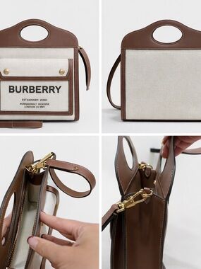 Burberry Cream Canvas and Brown Leather Top-Handle Tote with Front Logo Pocket